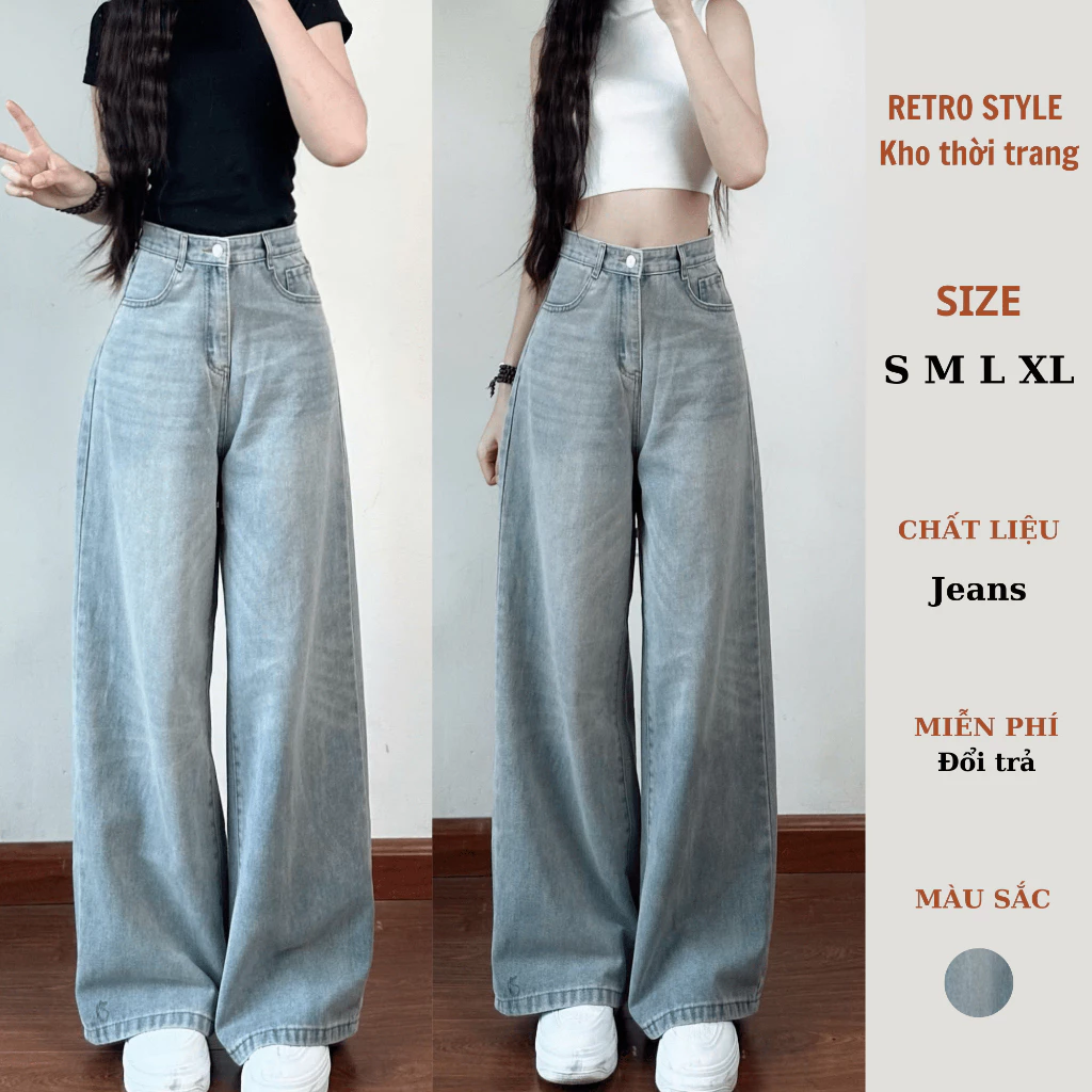 Quần Jeans Ống Rộng, Quần Bò Ống Suông Cạp Cao Màu Wash Retrostyle