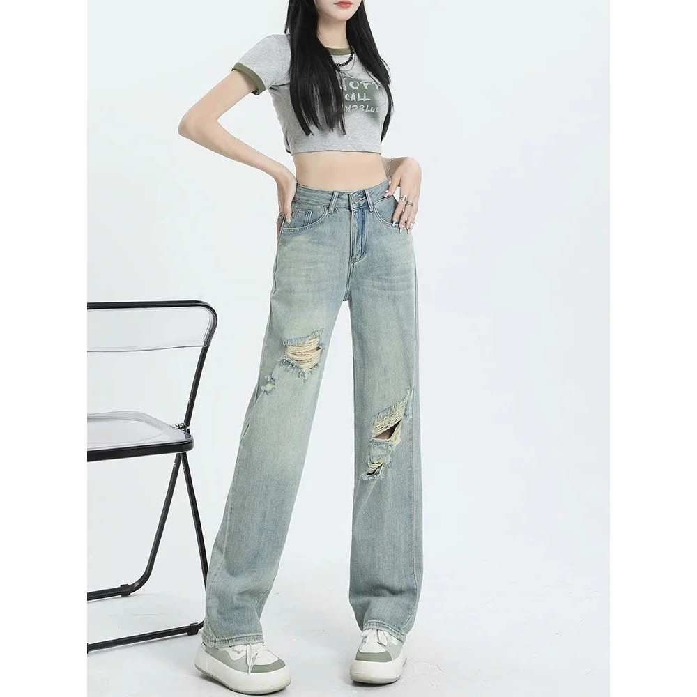 Quần jean ống xuông lưng cao phối rách gối tôn dáng, quần bò ống rộng rách gối tôn eo hack dáng trendy (HC47)