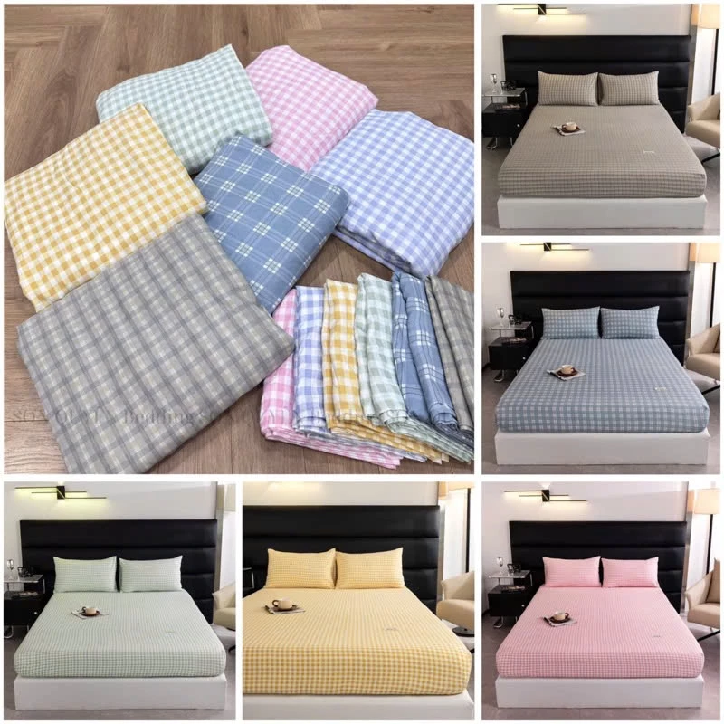 Bộ Ga Gối 3 Món Cotton Đũi Mềm Mịn Ga Trải Giường Đủ Kích Thước Màu Sắc Basic, Bộ Ga Gối Cotton đũi kẻ phong cách basic