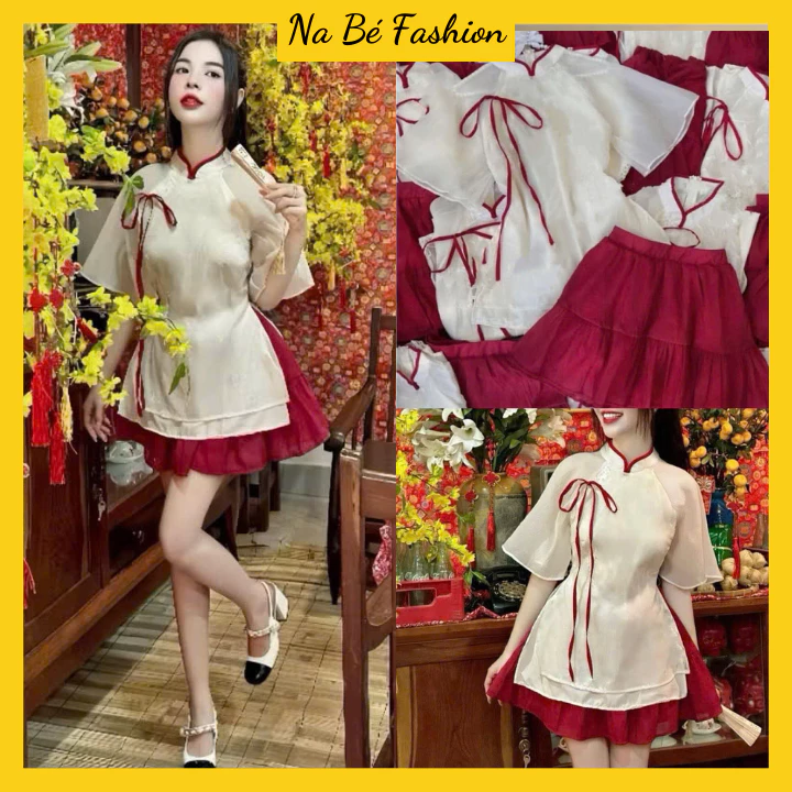Set áo dài cách tân nữ cổ tàu tay lỡ xẻ tà 2 bên phối chân váy đỏ xoè đi chơi dịp lễ Tết