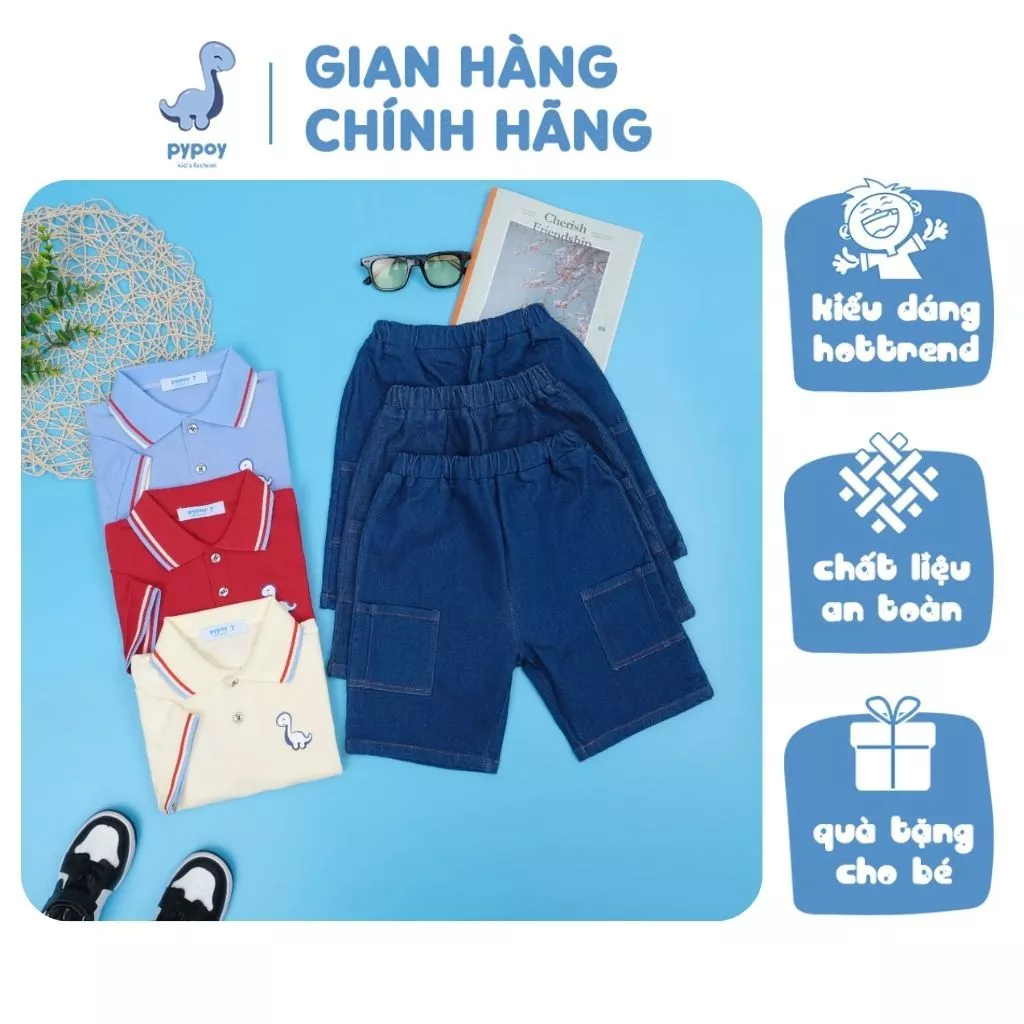 Bộ quần jean short áo polo thun kiểu PYPOY cho bé trai, năng động cotton mềm mịn co giãn và thấm hút cao cho hè năngđộng