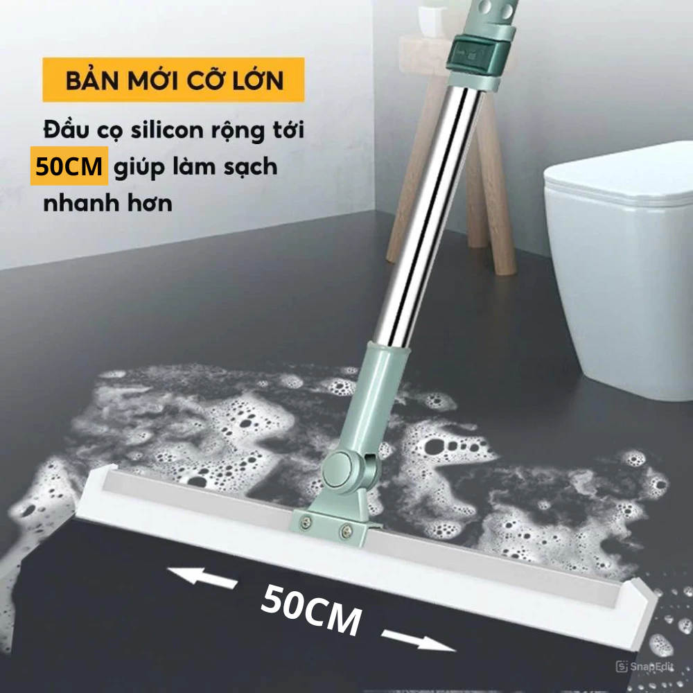Cây Gạt Nước Sàn Nhà Cỡ Lớn 50cm, Chổi Gạt Nước Nhà Tắm Đa Năng - Đầu Silicon Xoay 180 độ, Cán Inox Tăng Giảm Chiều Dài