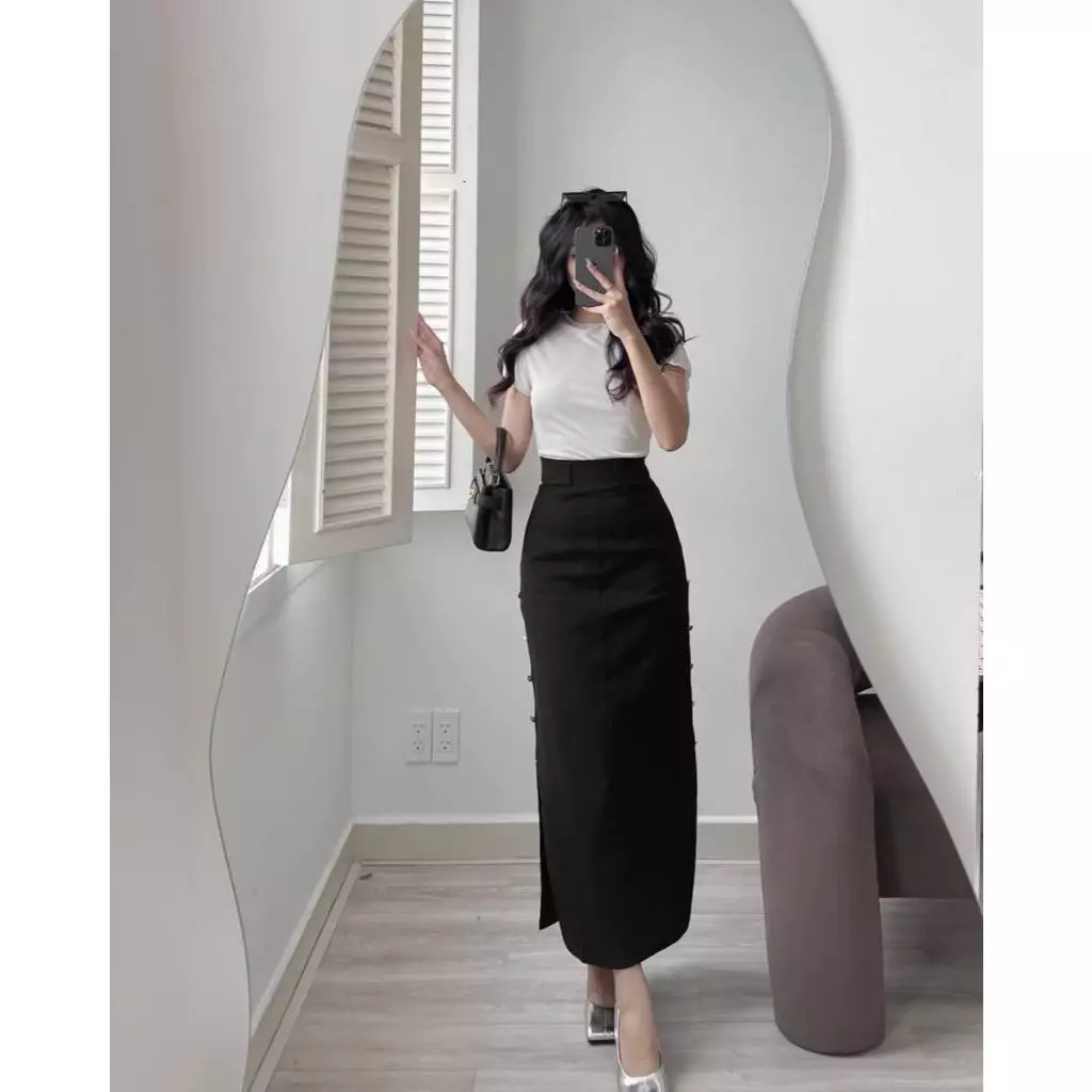 SET ÁO THUN PHỐI CHÂN VÁY DÀI ĐÍNH NÚT SET ĐỒ NỮ THỜI TRANG BASIC | MEOINDAHOUSE