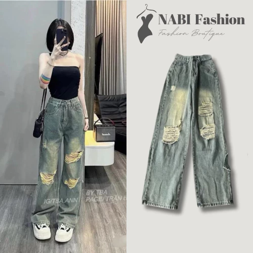 Quần Jean Ống Suông Nữ NABI Fashion Rách Gối Cá Tính Đủ Size S M L Quần Bò Ống Rộng Ôm Eo Hack Dáng Che Khuyết Điểm