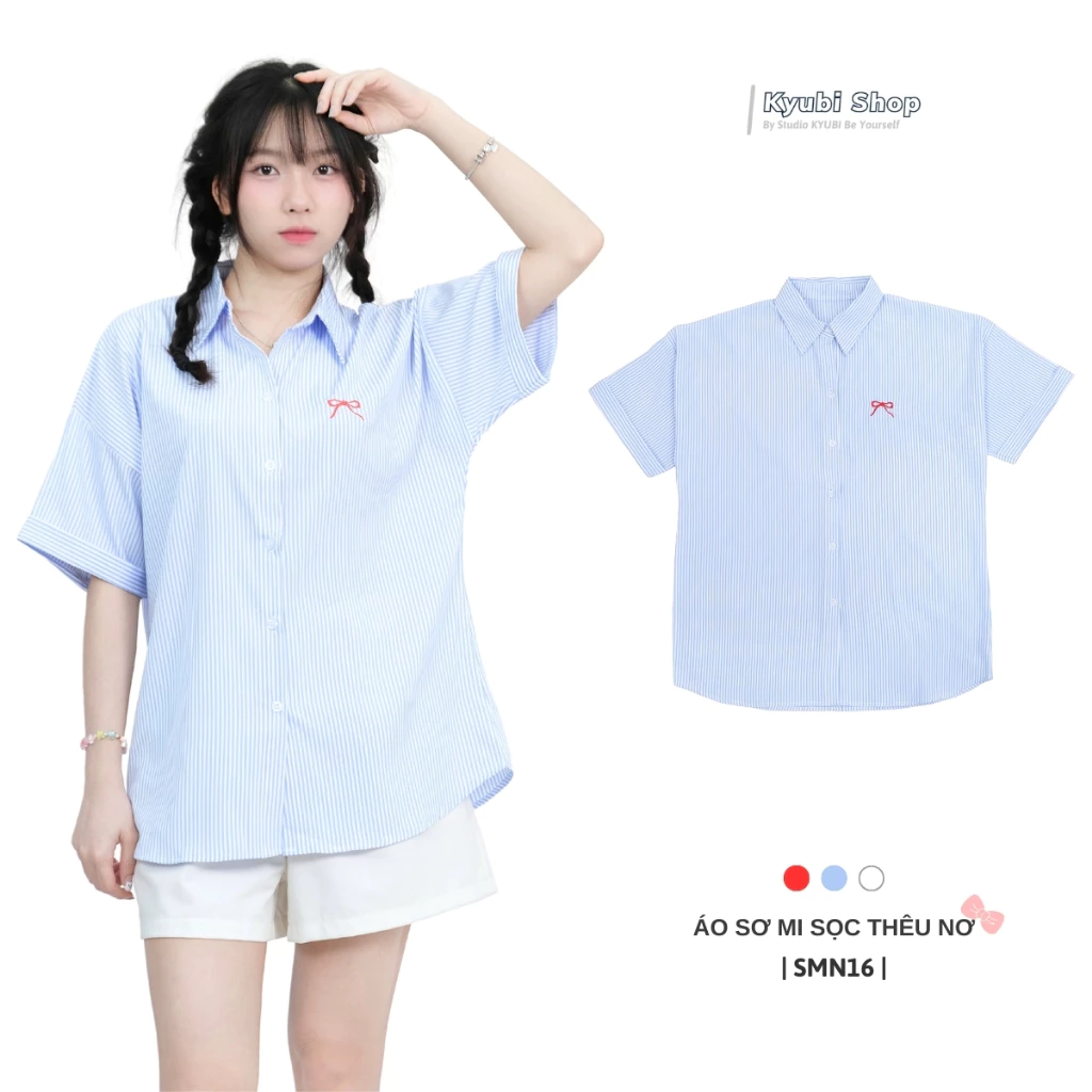 Áo sơ mi form rộng sọc pastel Kyubi thêu nơ dành cho nữ phong cách Hàn Quốc - SMN16
