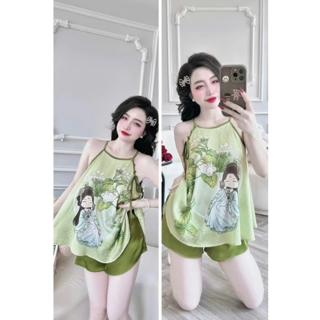 Set yếm lụa nữ, đồ bộ mặc nhà,  bộ ngủ in 3D sắc nét Vải Phi lụa mềm Freesize 40-60kg