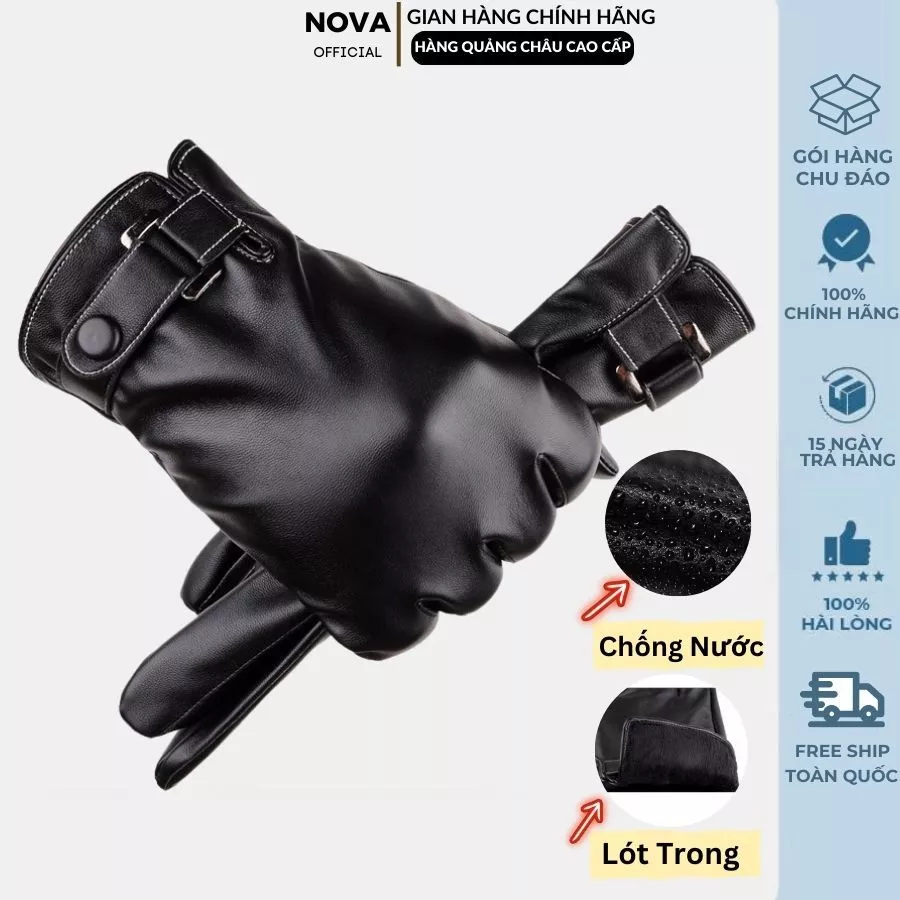 Găng tay da nam nữ NOVA, Bao tay da mùa đông lót nỉ bên trong, Tất tay chống nước giữ ấm chống lạnh thời trang