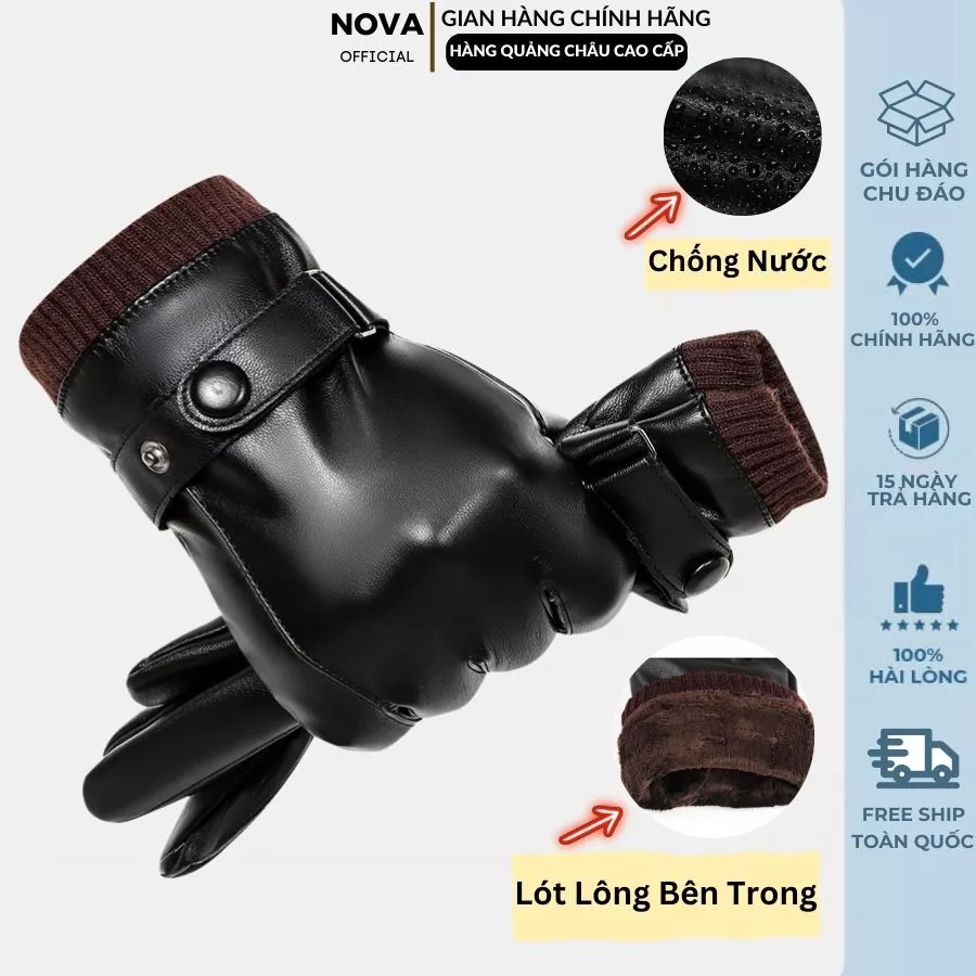 Găng tay da nam nữ,Bao tay da NOVA chống nước mùa đông, Tất tay chống nước lót nỉ bên trong giữ ấm chống lạnh thời trang