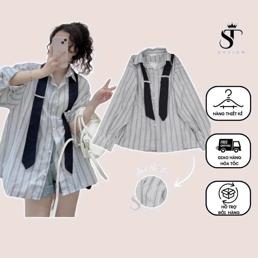 {ST Design} Áo sơ mi dài tay nữ kẻ sọc tặng kèm cà vạt - 01