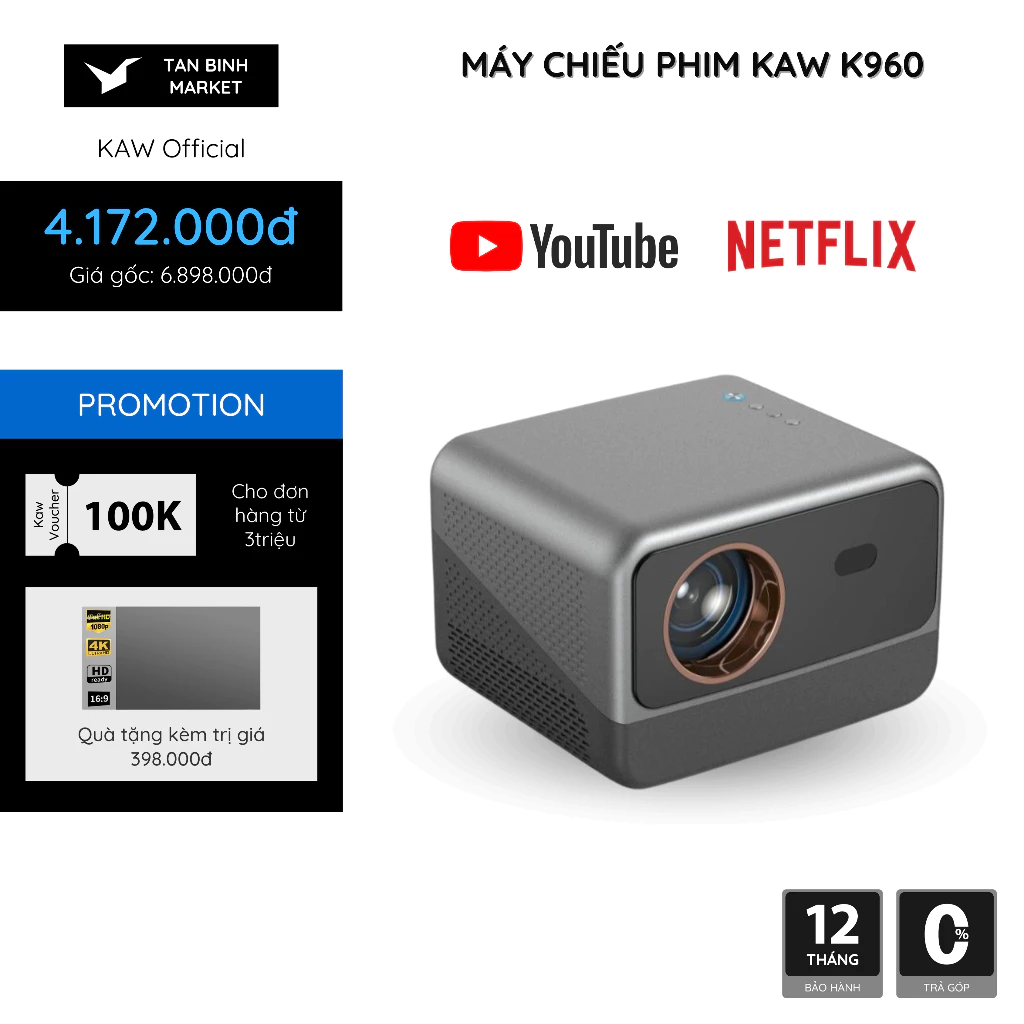Máy chiếu Kaw KP960 - Độ Phân Giải Full HD, Kết Nối WiFi, Bluetooth Đa Thiết Bị, Tích Hợp Audio.