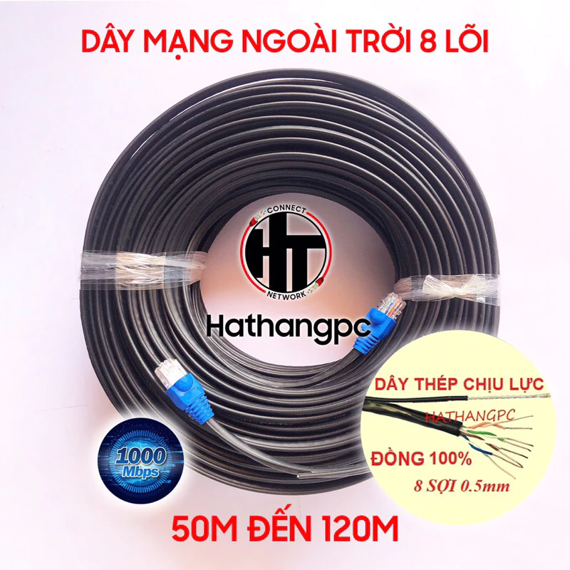 Dây mạng ngoài trời 8 sợi bấm sẵn 2 đầu 50m 60m 70m 80m 90m 100m 110m 120m tốc độ 1000Mbps