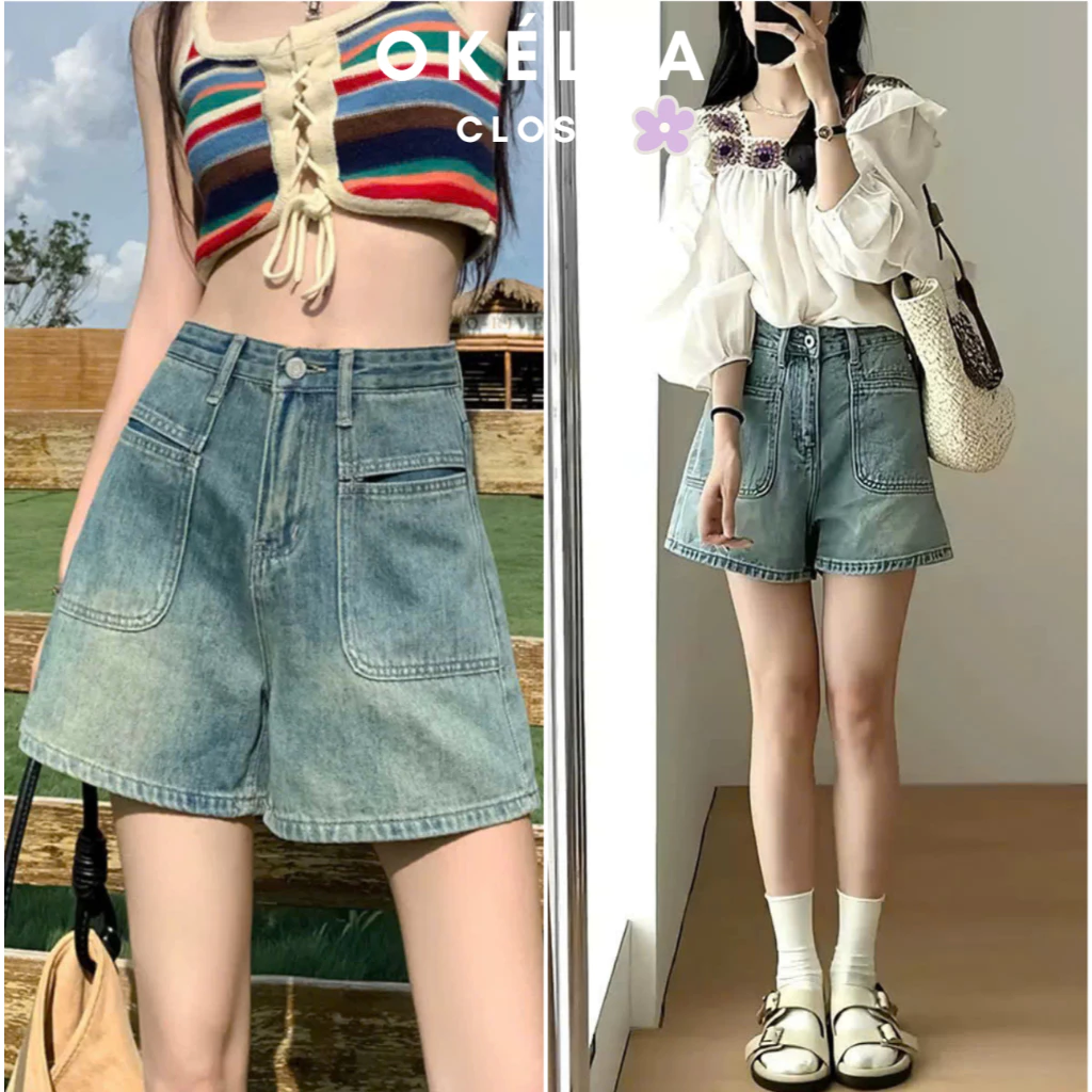 Quần đùi Jean mix 2 túi trước lưng cao, quần Jean nữ basic thời trang Okélla