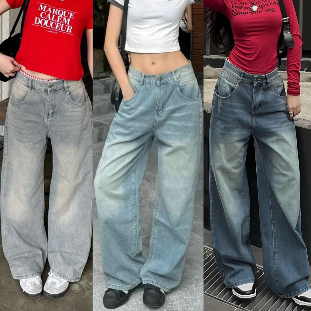 Quần Jeans Nữ Ống Suông Lưng Cao Wash Bụi Phối chất bò denim cao cấp Phong Cách Hàn Quốc Trẻ Trung, Năng Động