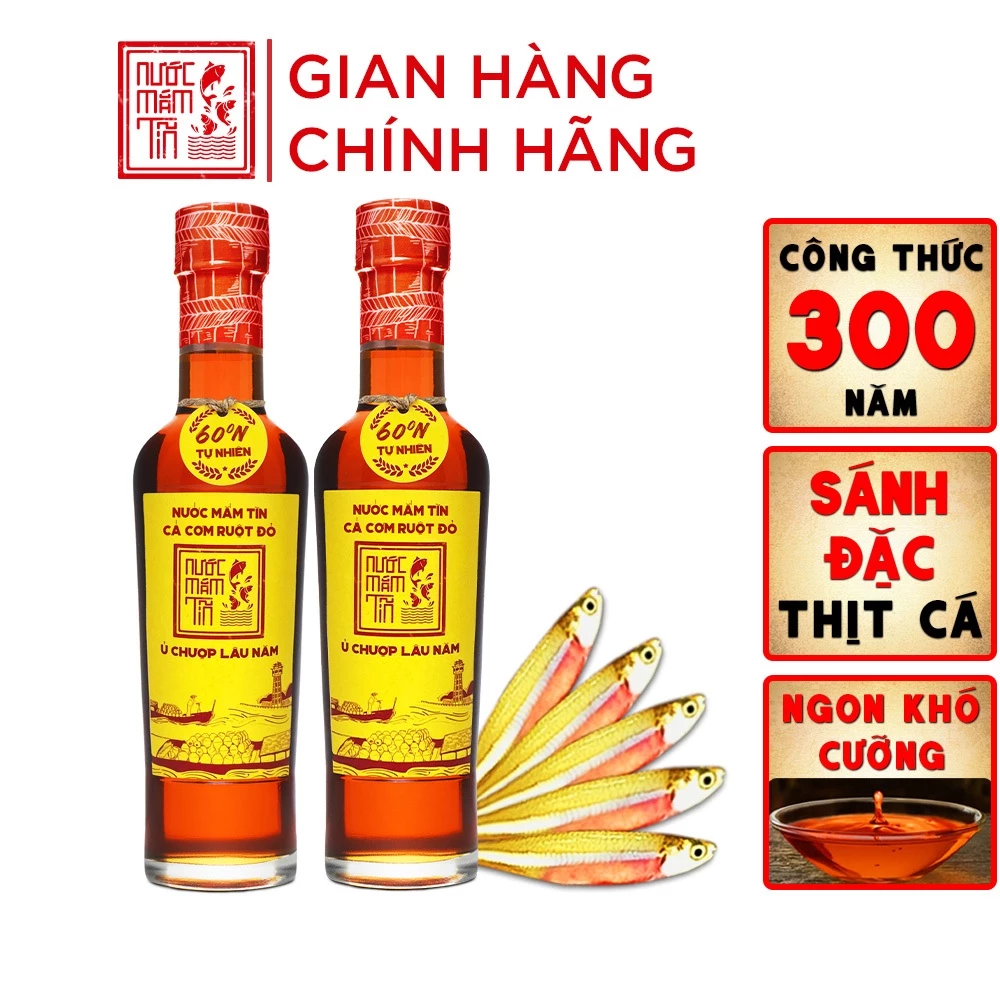 [Hộp 2 chai thuỷ tinh - 60N - 250ml] Nước Mắm Tĩn Cá Cơm Ruột Đỏ truyền thống không chất bảo quản