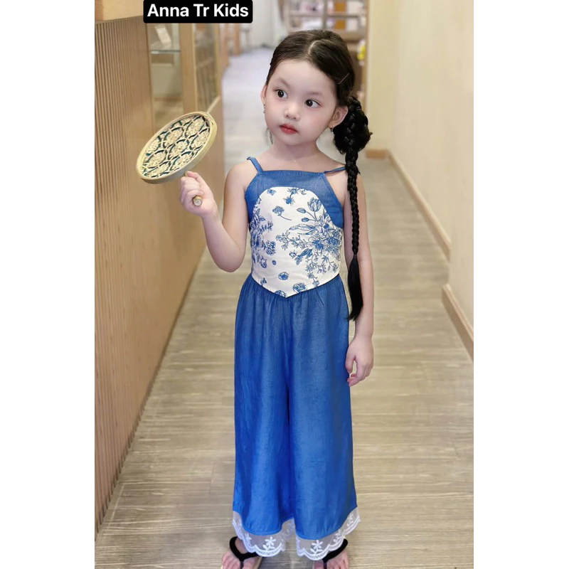 ( Ảnh Thật ) [XÃ KHO ] Set bộ quần áo Yếm Hoa Xanh quần suông SẮC XUÂN / Tết Bé Gái Trẻ Em