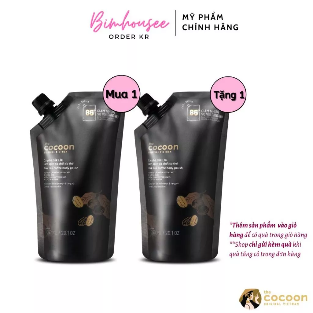 Tẩy da chết body cà phê Cocoon túi refill bigsize tẩy tế bào chết toàn thân Cocoon 200ml 600ml