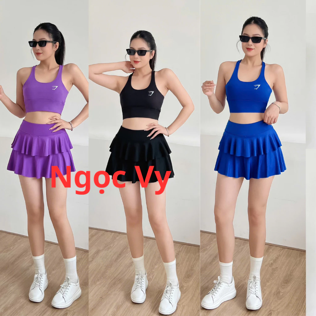 Bộ Váy 2 tầng áo dây đan lưng Đồ Tập Gym Yoga Erobic Thể Thao Đi Biển Nữ   Co Giãn 4 Chiều Kèm Mút