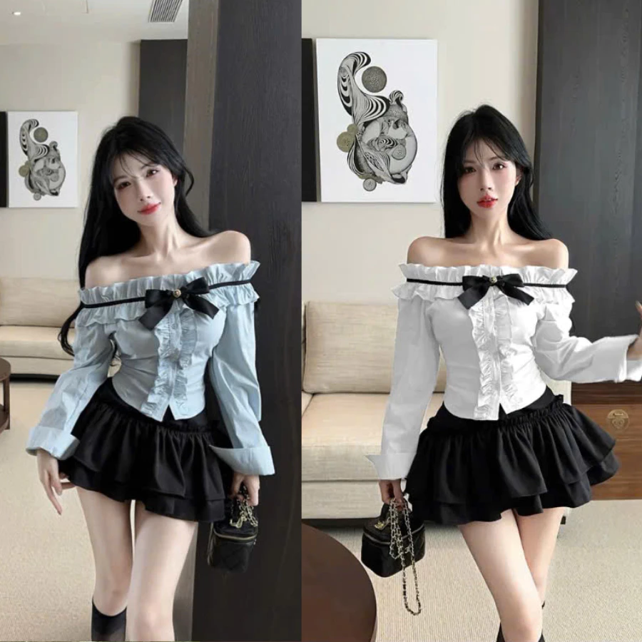 Set áo sơ mi trễ vai kèm chân váy, Áo sơ mi tay dài phối nơ kèm chân váy 2 tầng cách điệu cho nàng đi chơi, đi tiệc- MP