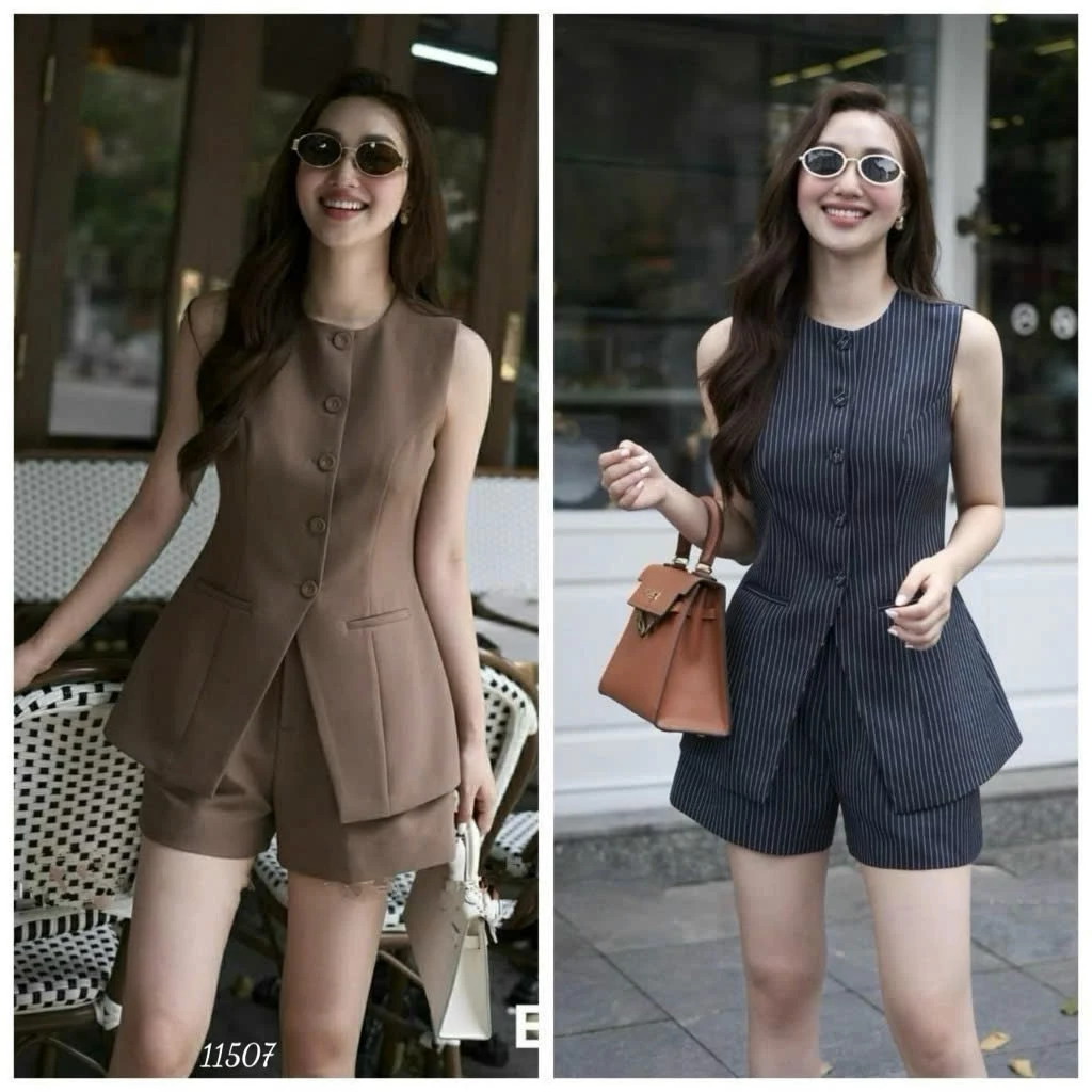 Set VEST Thiết Kế ÁO XẺ TÀ Viền Họa Tiết Sọc BASIC Đính Nút Thời Trang