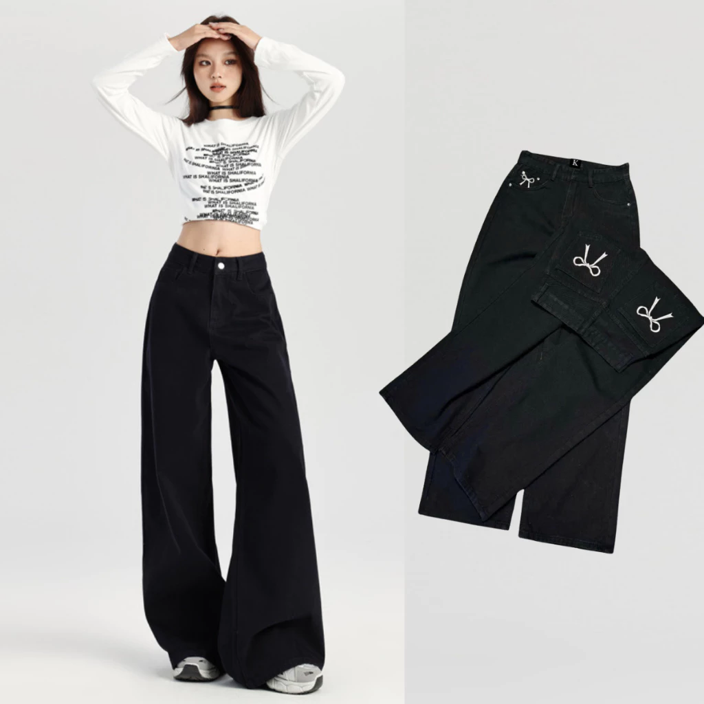 Quần Kaki Nữ thêu nơ trơn Cạp Cao MIAA ống rộng dáng suông đứng ulzzang phong cách hàn quốc