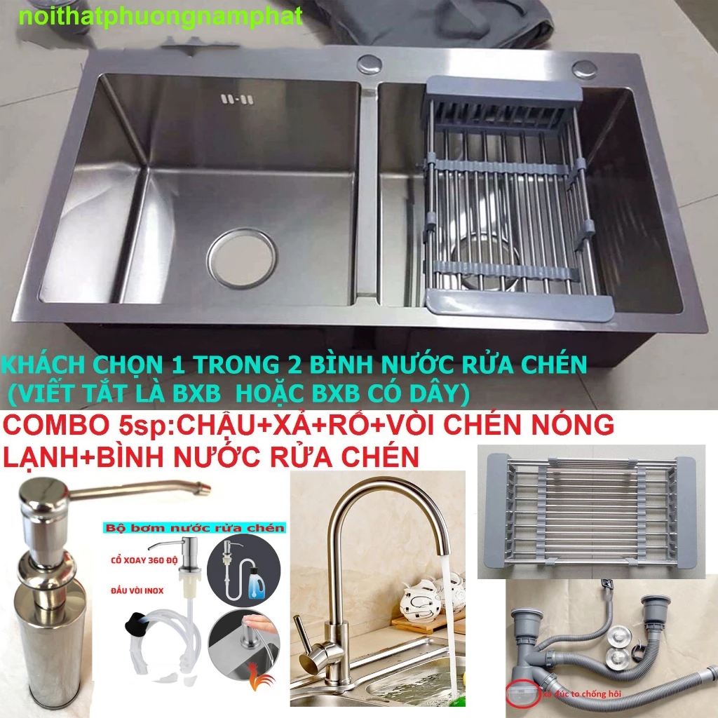 [CHẬU ĐÚC} Chậu Rửa Chén Bát INOX N5 8245 và xả Rổ và Vòi và Bình rửa chén bồn rửa chén