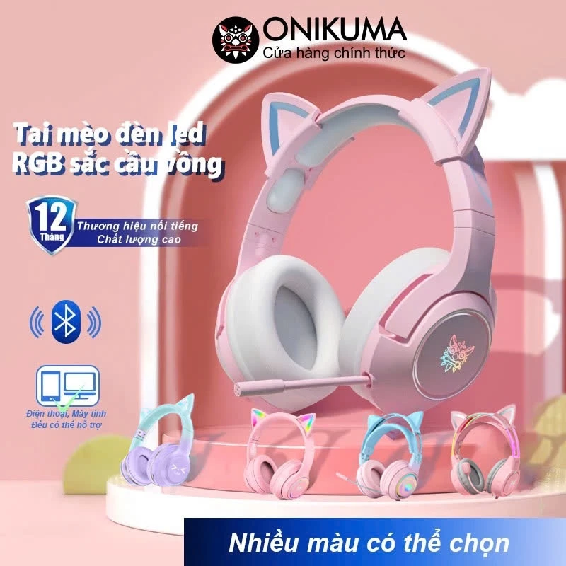 Tai Nghe Mèo Chụp Tai Chơi Game Onikuma K9 Hồng Có Mic,Cho Pc Laptop Máy Tính Tay Headphone Bluetooth Gaming Không Dây