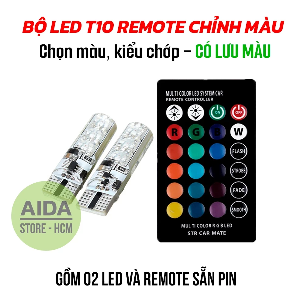 Bộ đèn LED RGB demi T10 điều khiển màu + chế độ nháy, sáng