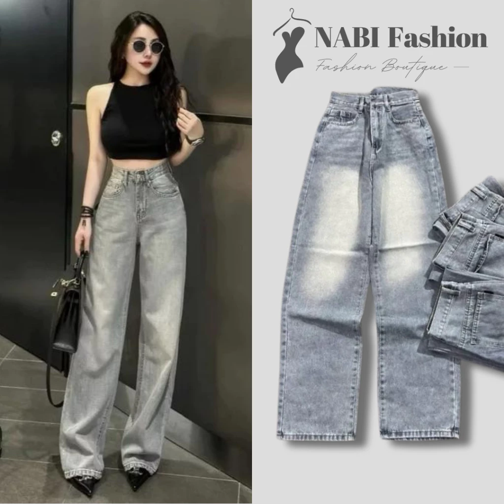 Quần Jean Nữ Ống Rộng Bigsize S M L XL Trơn NABI Fashion Quần Bò Cạp Cao Dáng Suông Ôm Eo Hack Dáng NB5515