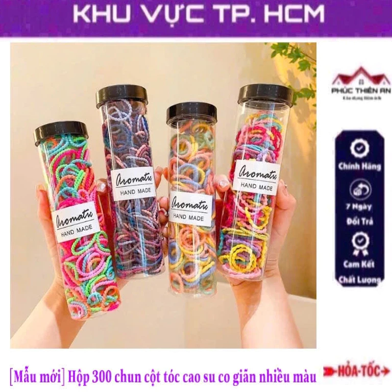 [Mẫu mới] Hộp 300 chun cột tóc cao su co giãn, dùng cho các bé, nhiều màu dễ thương, không gây đau da đầu