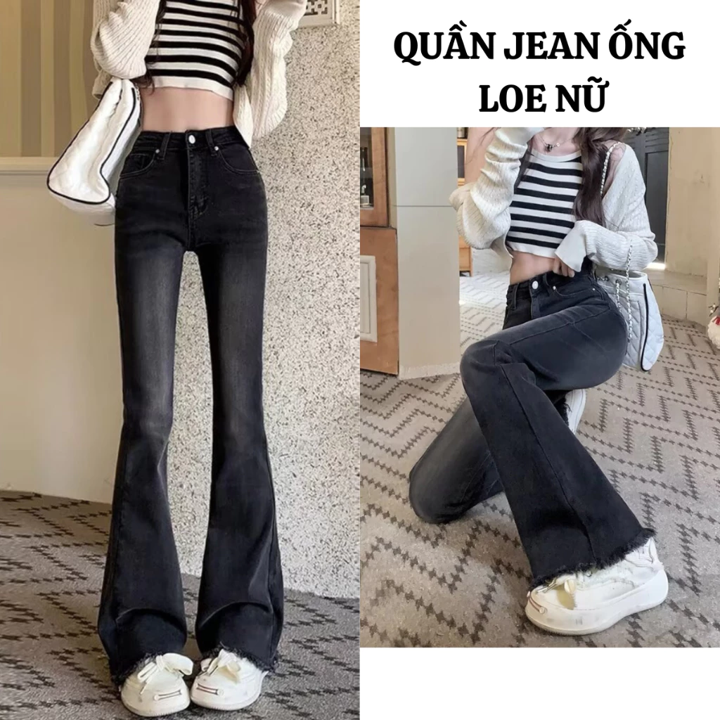 Quần jean nữ ống loe cạp cao màu Xám đen Retro phong cách trẻ trung Lưng cao chất jean co giãn không phai MIAA