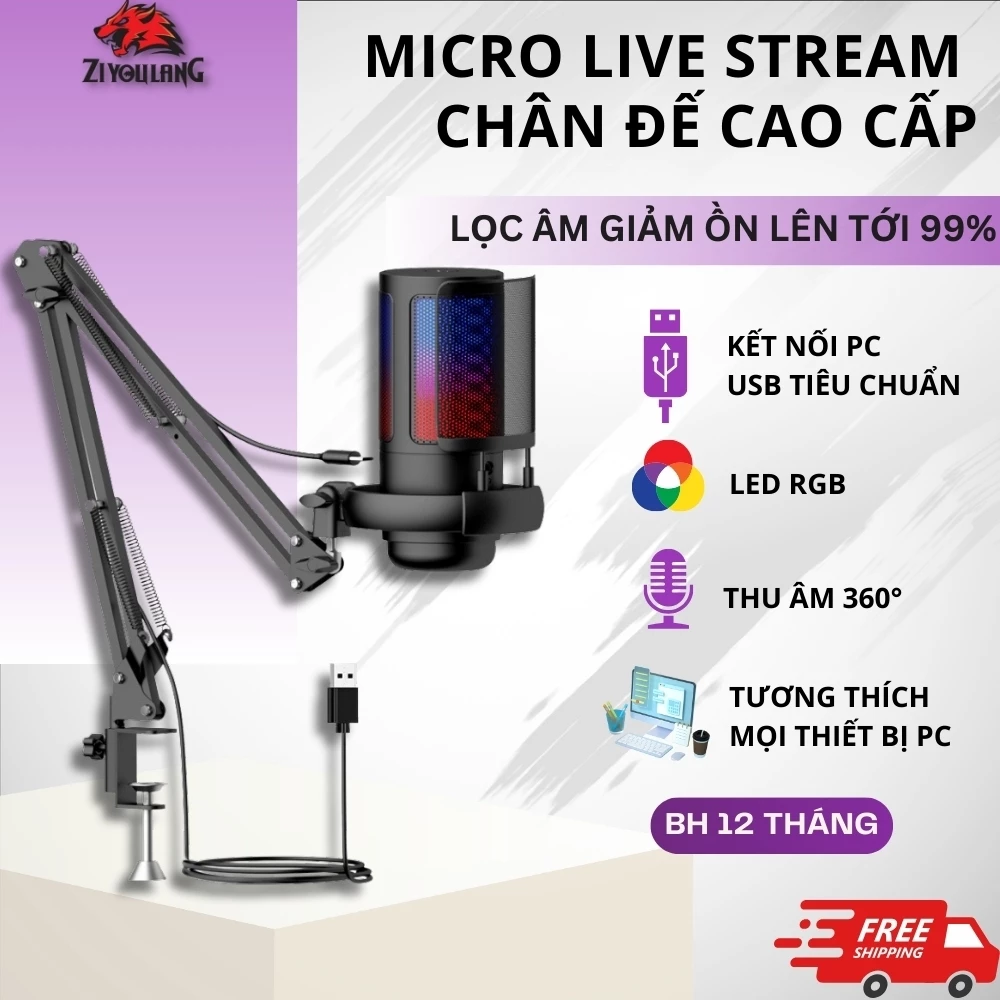 Micro Livestream Game Chuyên Nghiệp Ziyoulang ME6S Led RGB, Chân Đế Cao Cấp, Màng Lọc Âm Giảm Ồn