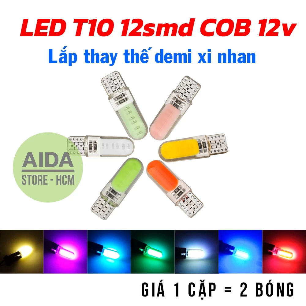 Cặp (02 bóng) T10 12SMD COB đèn LED demi, xi nhan chân T10