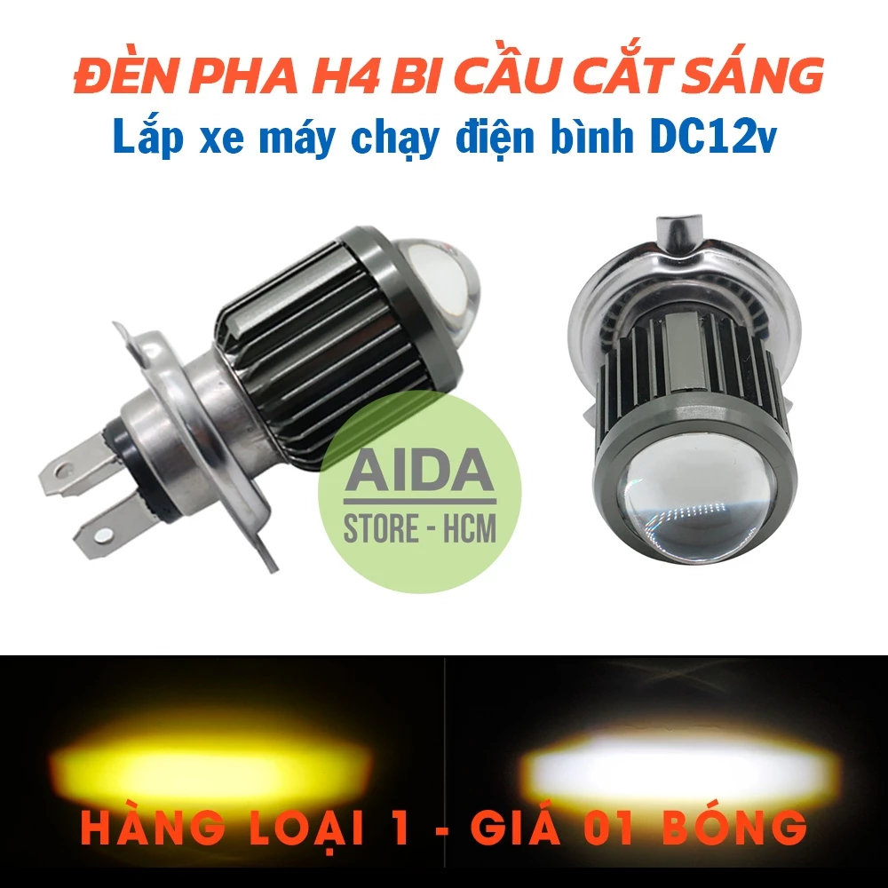 01 đèn pha led H4 bi cầu cắt sáng 2 màu cos vàng/trắng, pha trắng 18w - DC 12v