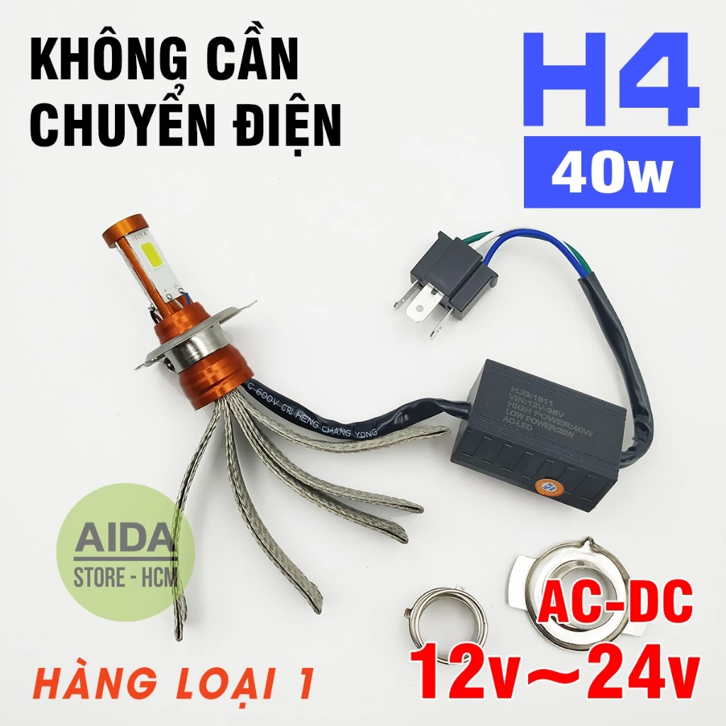 01 bóng LED pha H4 siêu sáng 3 tim tản nhiệt đuôi công AC-DC 12v-24v 40w