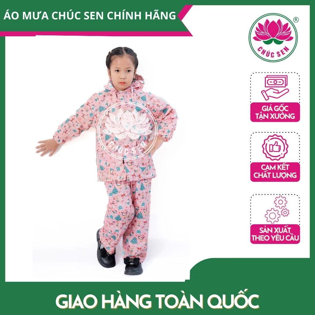 Bộ áo mưa trẻ em số 6 cho bé 32-38kg <140cm, chất vải dù in họa tiết dễ thương, chống nước tốt