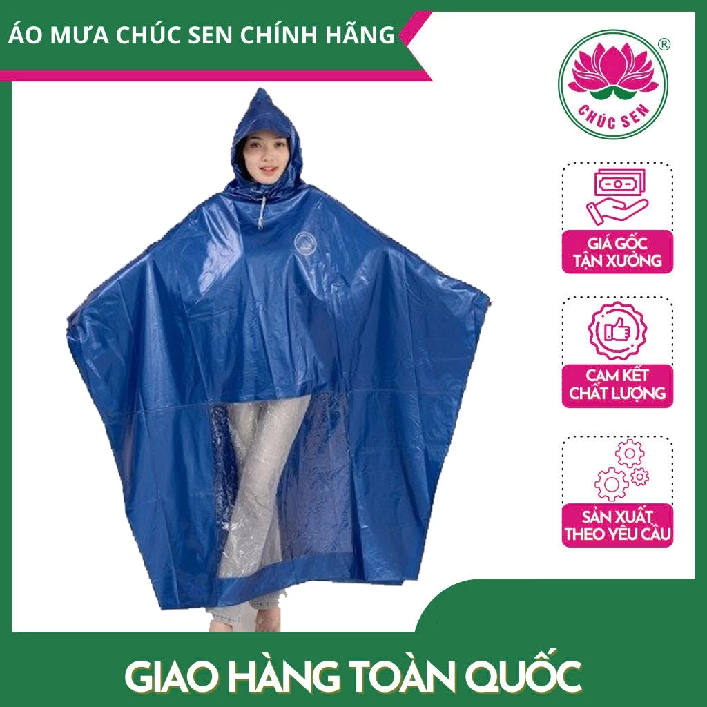 Áo mưa choàng 1 mũ Chúc Sen chất nhựa PVC cao cấp họa tiết vân tăm, không lỗ xỏ gương,chống nước tốt