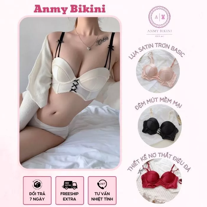 Áo Lót Nữ Không Gọng Thắt Nơ Ngực, Áo Bra Nữ Cup Ngang Đệm Dày Mềm Mại Nâng Ngực Chống Tụt - AL 6181