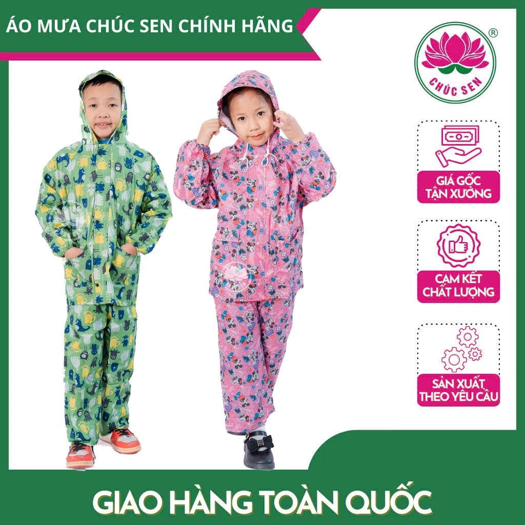 Bộ áo mưa trẻ em số 4 cho bé từ 24-28kg <120cm, chất vải dù cao cấp Chúc Sen in họa tiết dễ thương