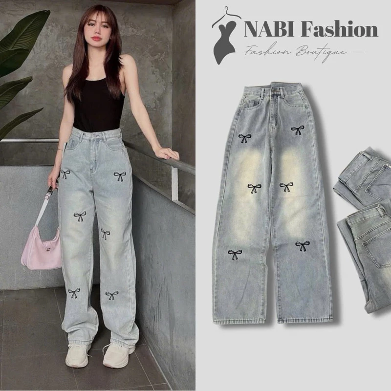 Quần Jean Nữ Ống Suống Thêu Nơ NABI Fashion Điểm Nhấn Thêu Nơ Nhỏ Xinh Xắn , Quần Bò Ống Rộng Basic Dễ Mix Đồ Ôm Eo