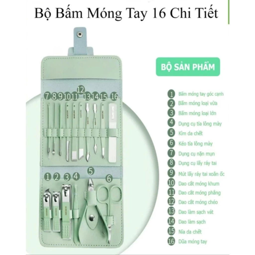 Bộ làm móng 16 chi tiết, bộ cắt móng có túi da tiện dụng, bộ dụng làm nail 12 món cao cấp