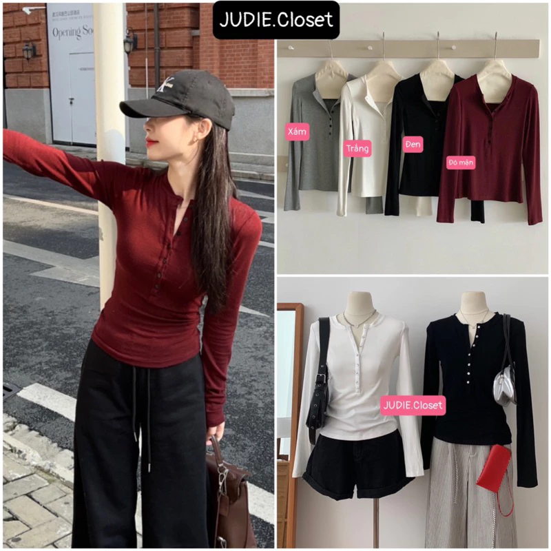 Áo Thun Nữ Dáng Ôm Dài Tay Chất Thun Dip Co Dãn Thiết Kế Nhiều Khuy Hottrend JUDIE.Closet