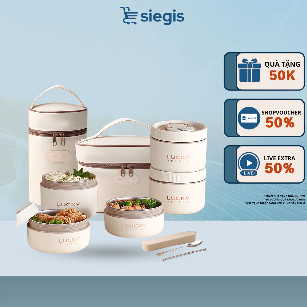 Hộp Cơm Giữ Nhiệt SIEGIS 3 Tầng Cách Nhiệt, Hộp Đựng Cơm Trưa Văn Phòng Chất Liệu Thép Không Gỉ 304 Chống Gỉ Cao Cấp
