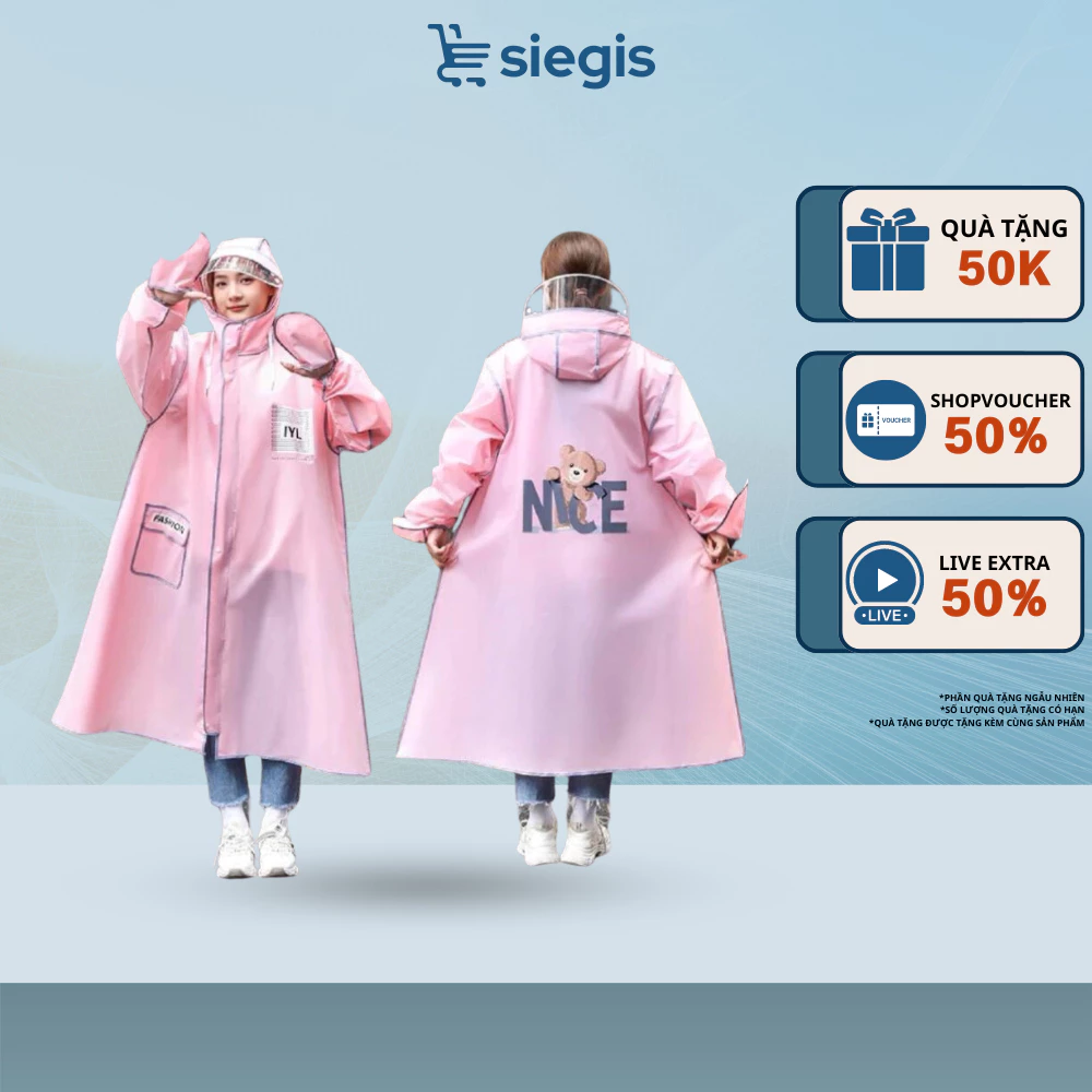 Áo Mưa Thời Trang SIEGIS In Hình Gấu Nice Màu Sắc Dễ Thương Có Kính Chắn Nước Kèm Khoá Kéo Tiện Lợi