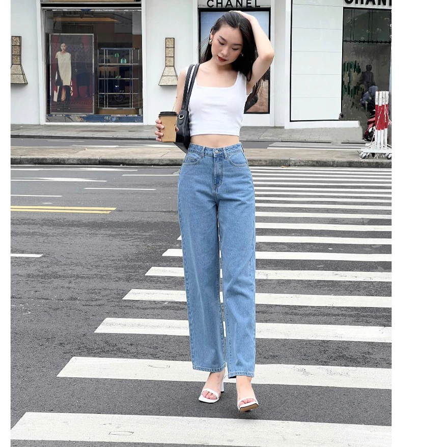 REDE Quần Jean Nữ Ống Rộng, Lưng Cao Màu Xanh Nhạt, Xanh Đậm, Xanh Ánh Rêu, Xanh Nhạt Họa Tiết Rách