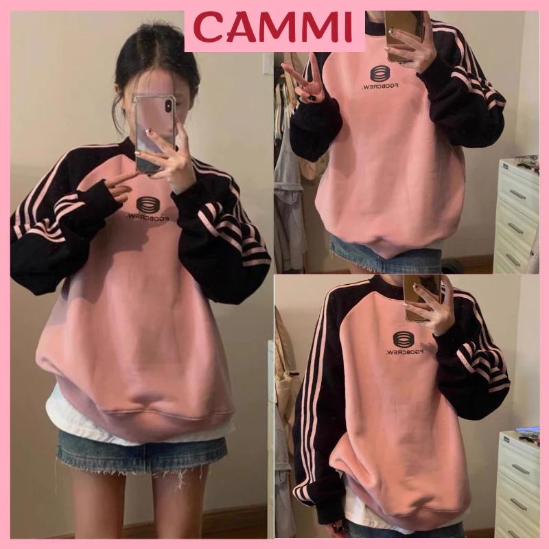 Áo Nỉ Sweater Nỉ Bông Nữ FLOREW Màu Hồng Đen Phối Raglan sọc tay, Áo Nỉ Cổ Tròn Tay Bồng Form Rộng Ulzzang HA35