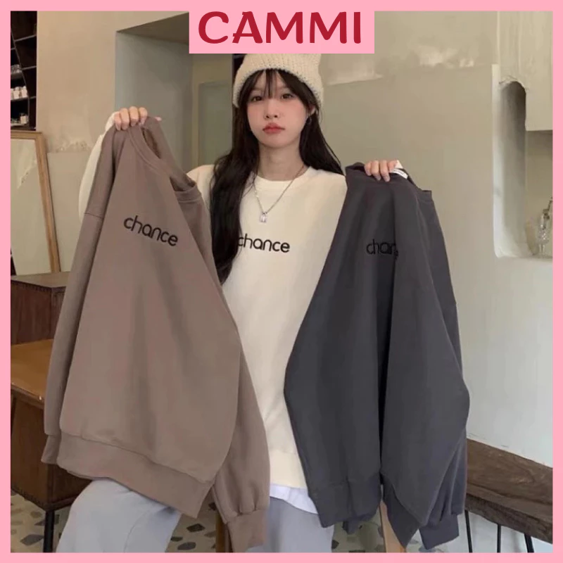Áo nỉ sweater nữ thêu CHANCE,áo khoác mùa đông,áo hoodie nữ cổ tròn có lót lông form rộng HA115 CAMMI