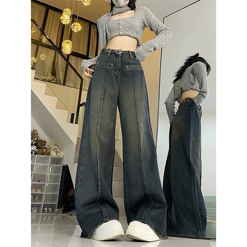 Quần bò jeans nữ ống rộng, Quần bò 2 túi cơi gân giữa màu mới gấu tua rua phong cách Hàn Quốc