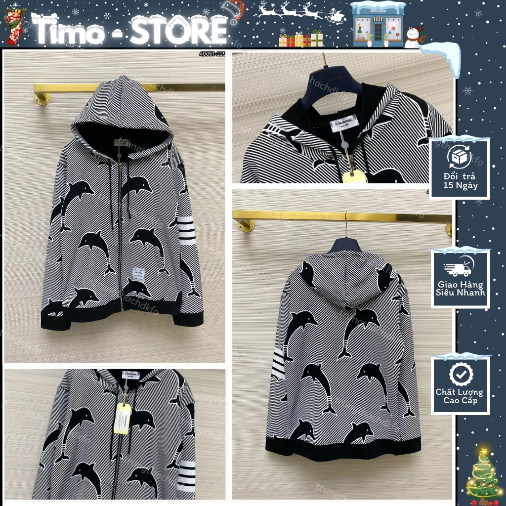 Áo Hoodie Khoá Zip Thom Hoạ Tiết Sọc Tay Phối Cá Heo- Áo Khoác Mũ 2 Lớp Chuẩn Hàng Tàu Dày Dặn