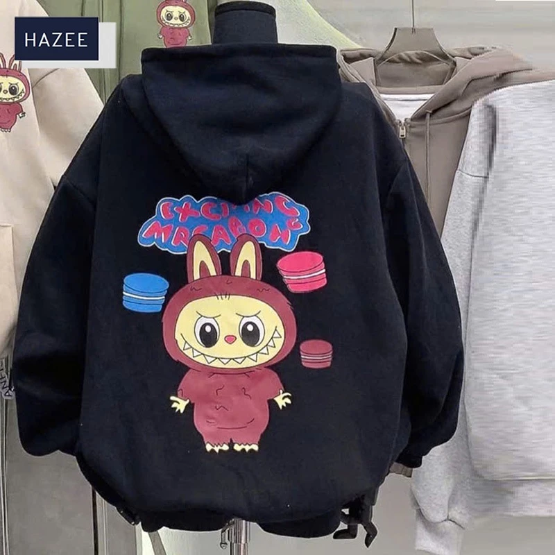 Áo hoodie nỉ bông nữ họa tiết in hình tay bồng form rộng unisex HAZEE chất liểu nỉ bông dày dặn