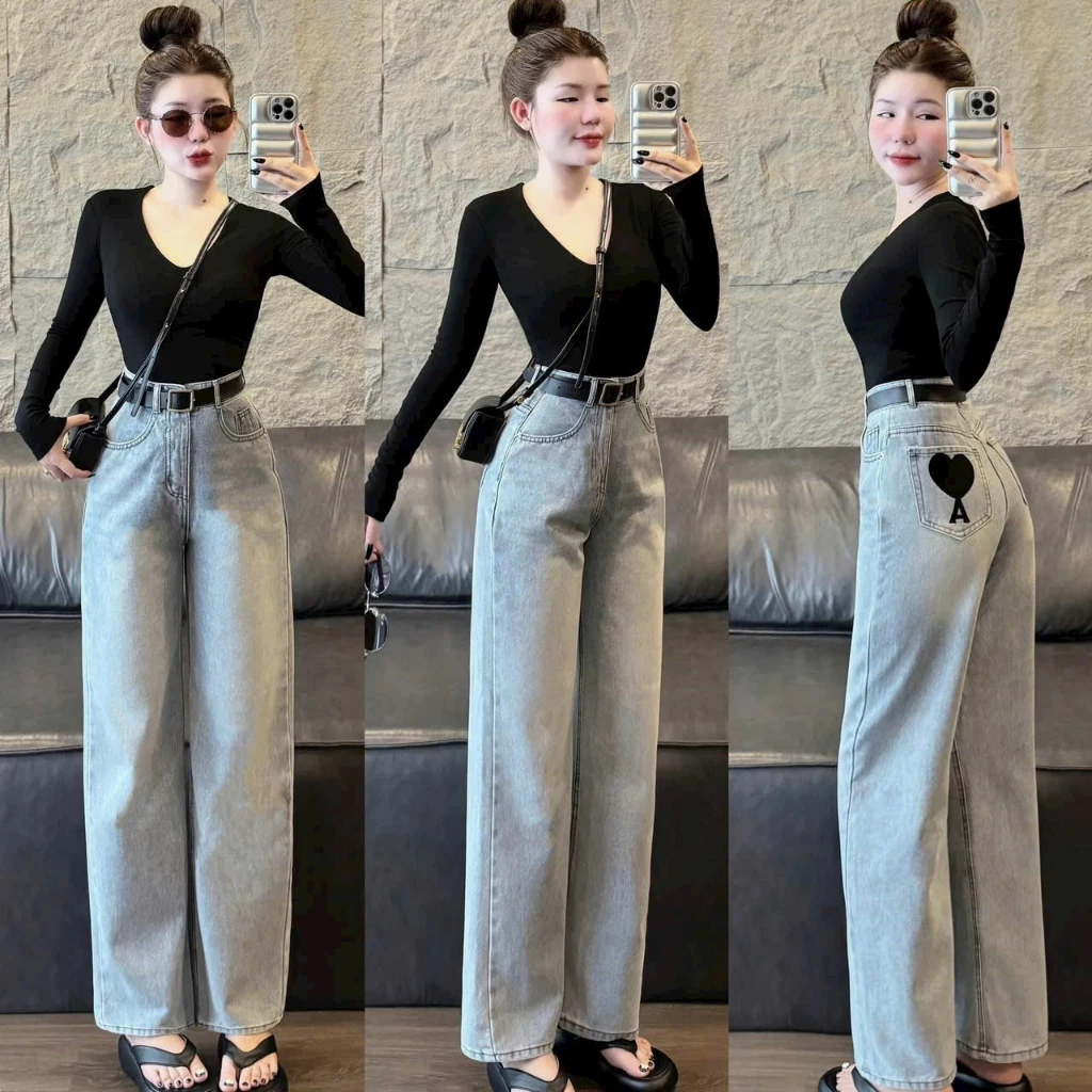 Quần jean bò ống rộng suông xuông nữ jeans cạp cao thê Tym phong cách Hàn Quốc - Lưng Cao, Women